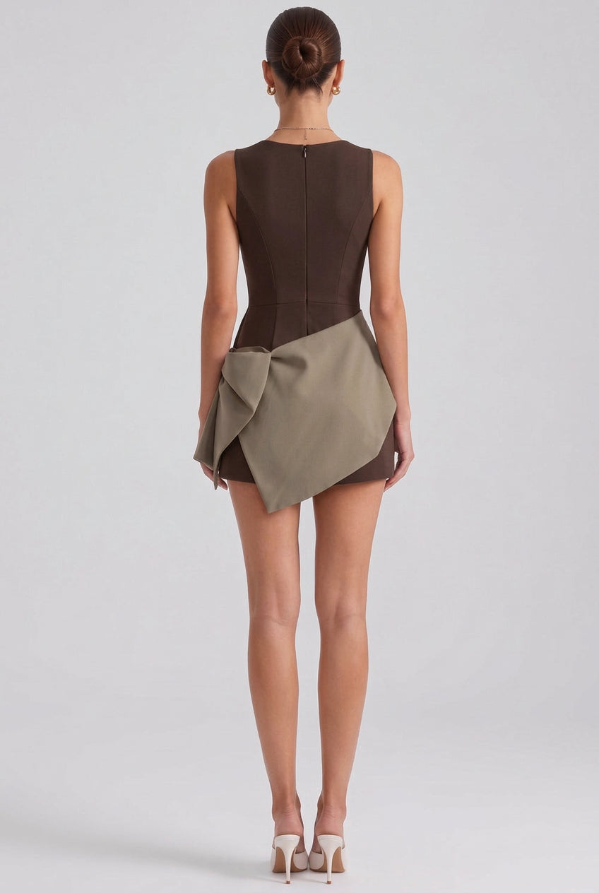 Dark Brown Olive Green Asymmetrical Draped Overlay Mini Dress Flowering Girl