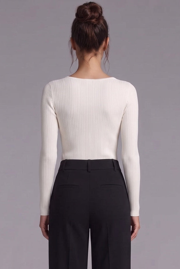 Ivory Ribbed Knit Top with Metallic Beaded Scoop Neckline Flowering Girl