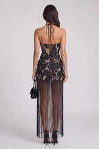 Black Floral Lace Applique Mesh Fitted Halter Mini Dress with Floor-Length Fringe Flowering Girl