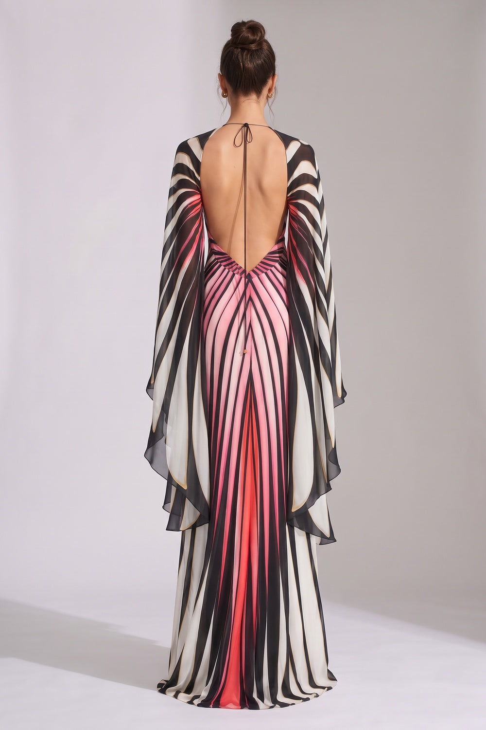 Engineered Radiating Stripe Chiffon Cape Column Gown Flowering Girl