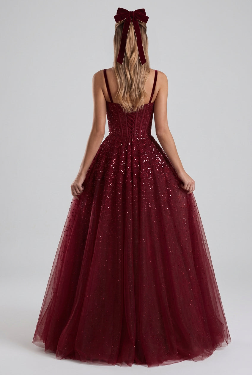 Burgundy Tulle A-Line Evening Gown Flowering Girl