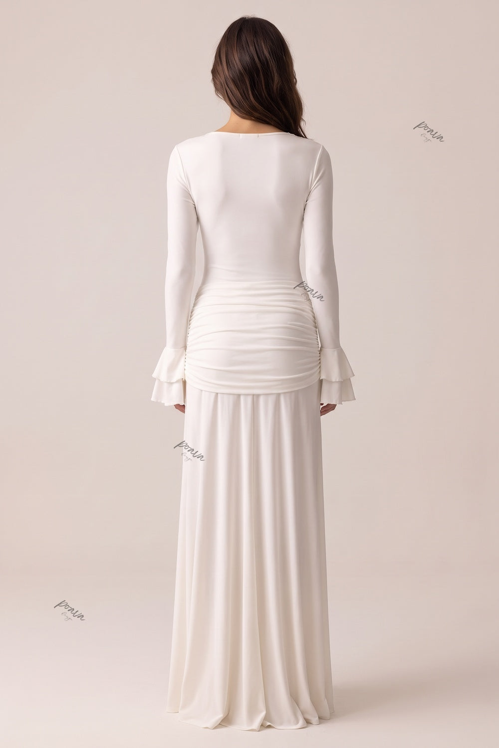 ivory stretch jersey knit column with front drape maxi dress Flowering Girl