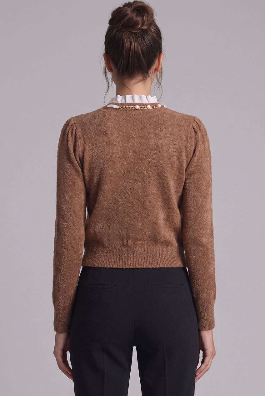 caramel brown textured wool-blend knit fitted, cropped cardigan Flowering Girl
