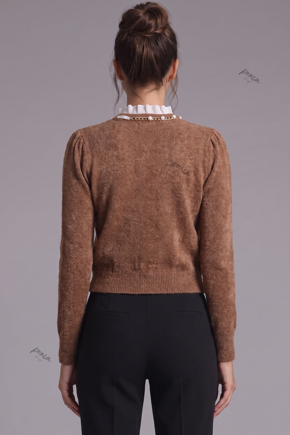 caramel brown textured wool-blend knit fitted, cropped cardigan Flowering Girl