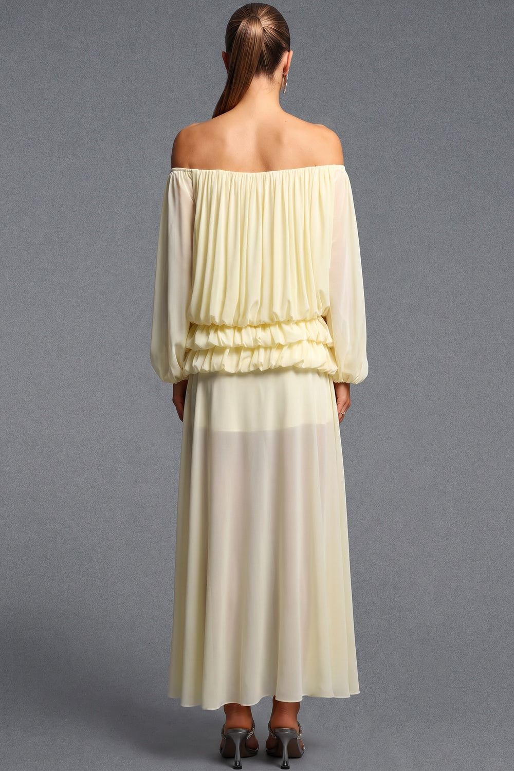 Pale Yellow Chiffon Off-The-Shoulder Blouson Two-Piece Set Flowering Girl