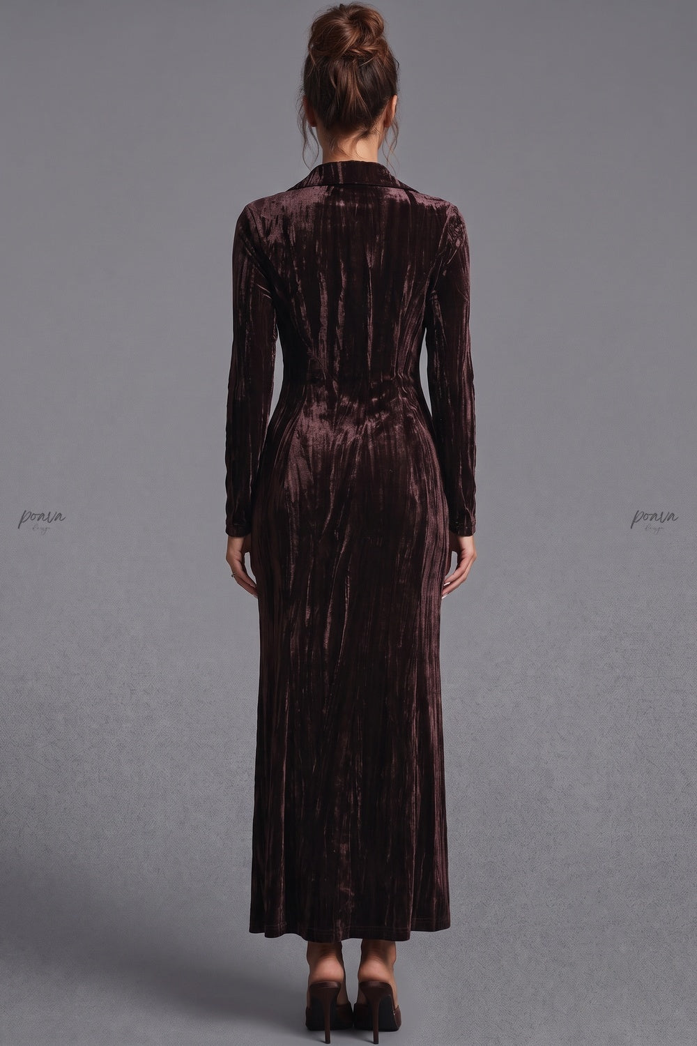Dark Brown Crushed Velvet Column Maxi Shirt Dress Flowering Girl