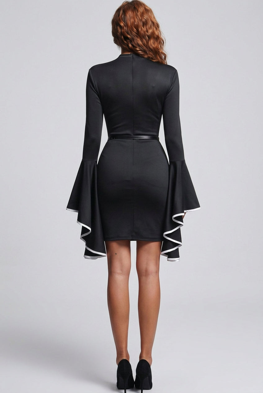 Black Bodycon Mini Dress with Tiered Bell Sleeves Flowering Girl