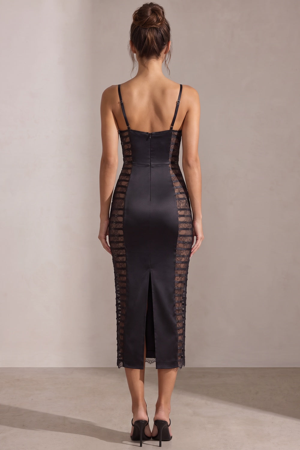 Black Satin Sheath Dress with Lace Side Panels Flowering Girl