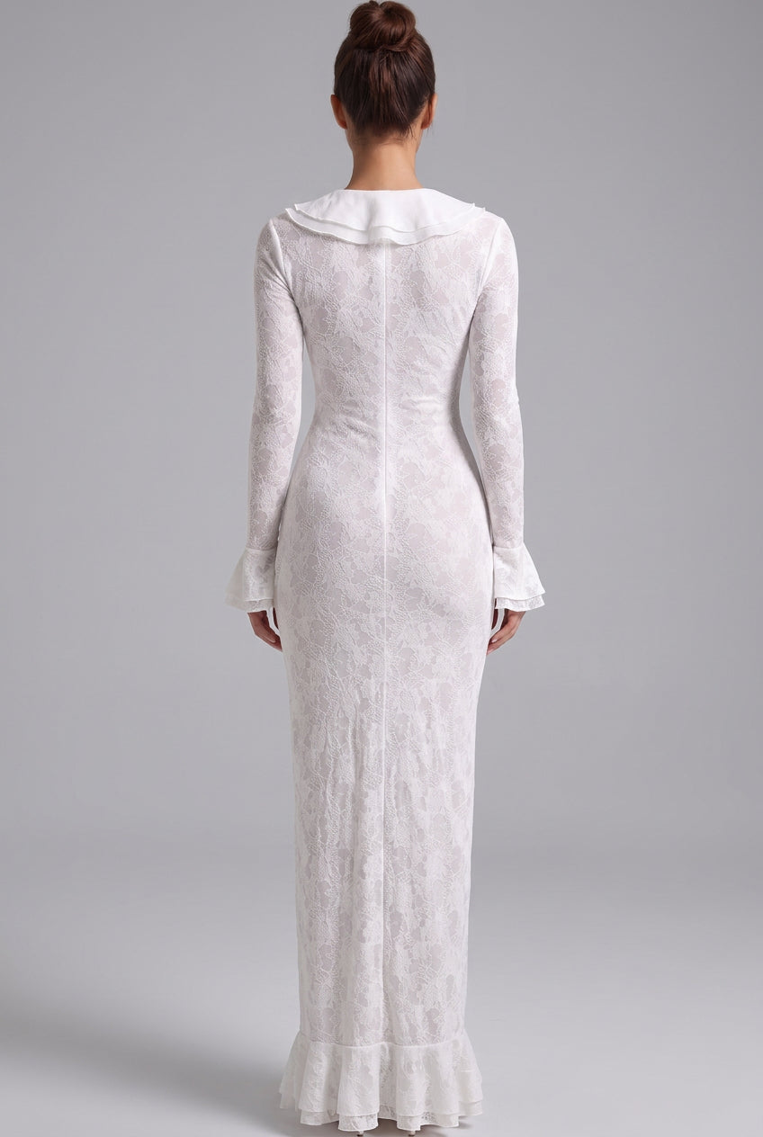 White Floral Stretch Lace Sheath Maxi Dress Flowering Girl