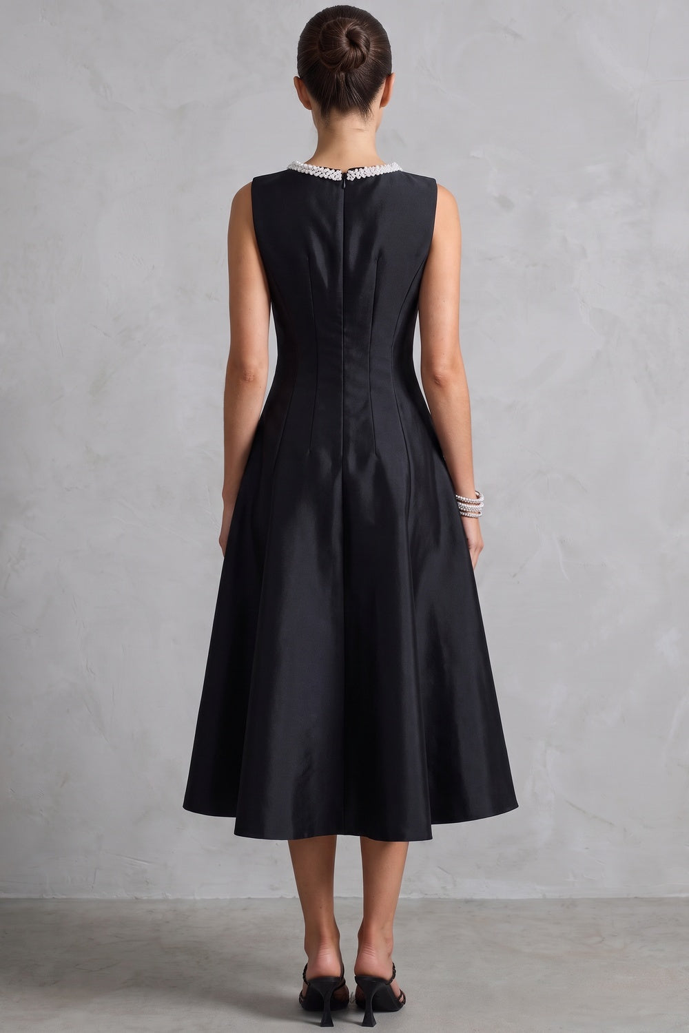 Black Structured Satin Fit-and-Flare Midi Dress with Pearl Trim Flowering Girl
