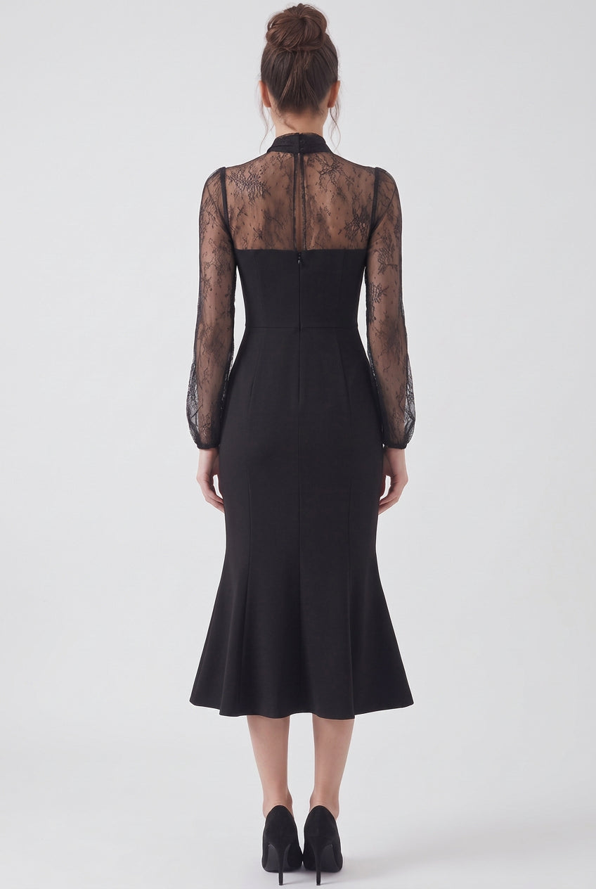 Black Crepe Mermaid Dress with Sheer Floral Lace Sleeves Flowering Girl