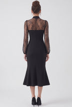 Black Crepe Mermaid Dress with Sheer Floral Lace Sleeves Flowering Girl