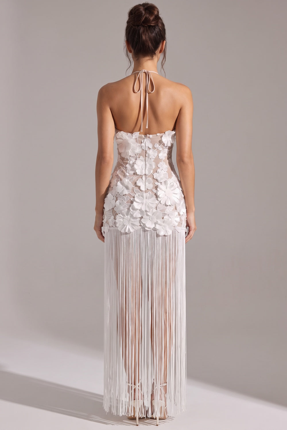 White 3D Floral Mesh Lace Maxi Dress with Fringe Overlay Flowering Girl