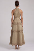 Taupe Structured Satin A-Line Midi Dress with Lace Band Detail Flowering Girl