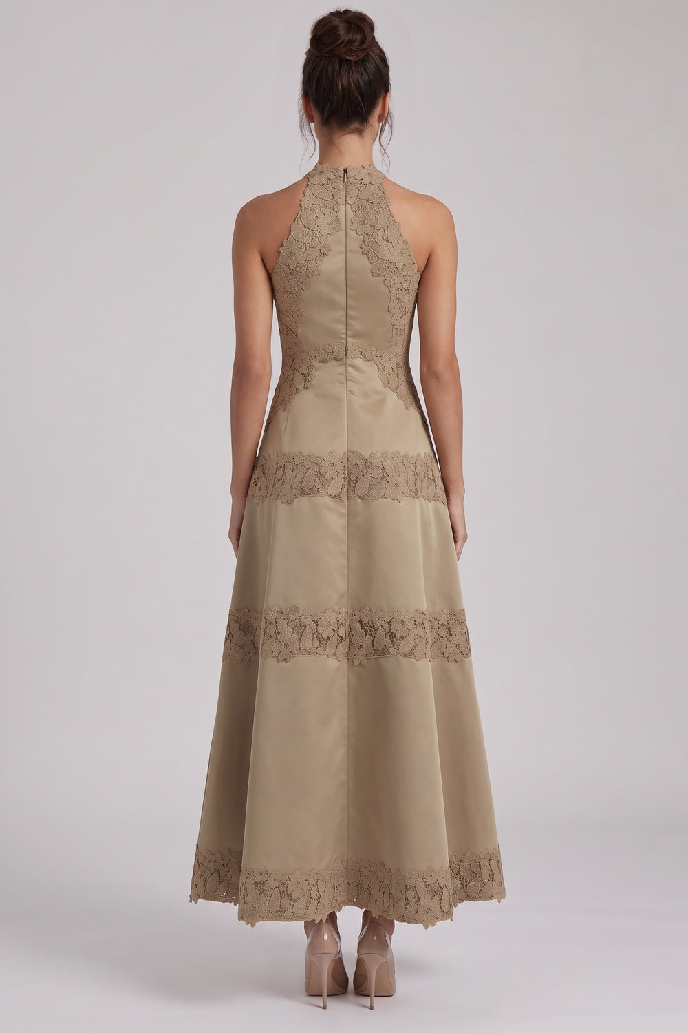 Taupe Structured Satin A-Line Midi Dress with Lace Band Detail Flowering Girl