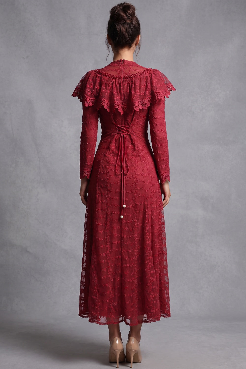 Deep Red Embroidered Floral Lace A-Line Midi Dress Flowering Girl