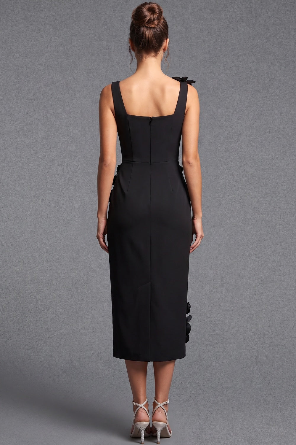 Black Structured Crepe Sheath Midi Dress with 3D Floral Appliqué Flowering Girl