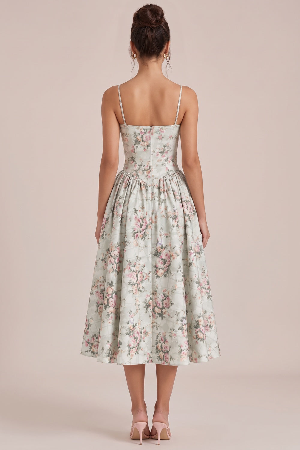 Pale Sage Green Structured Woven Cotton or Jacquard Fit-and-Flare Dress Flowering Girl