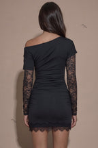 Black Asymmetrical Lace Sleeve Bodycon Mini Dress Flowering Girl