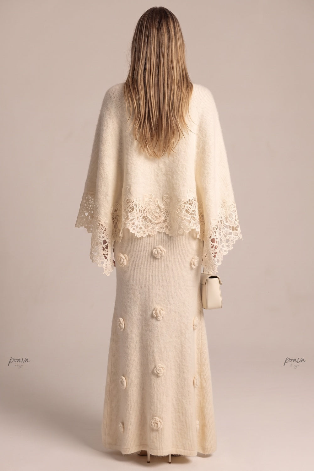 Cream Fuzzy Mohair-Blend Two-Piece Knit Set with Capelet and Rose Appliqué Maxi Dress Flowering Girl