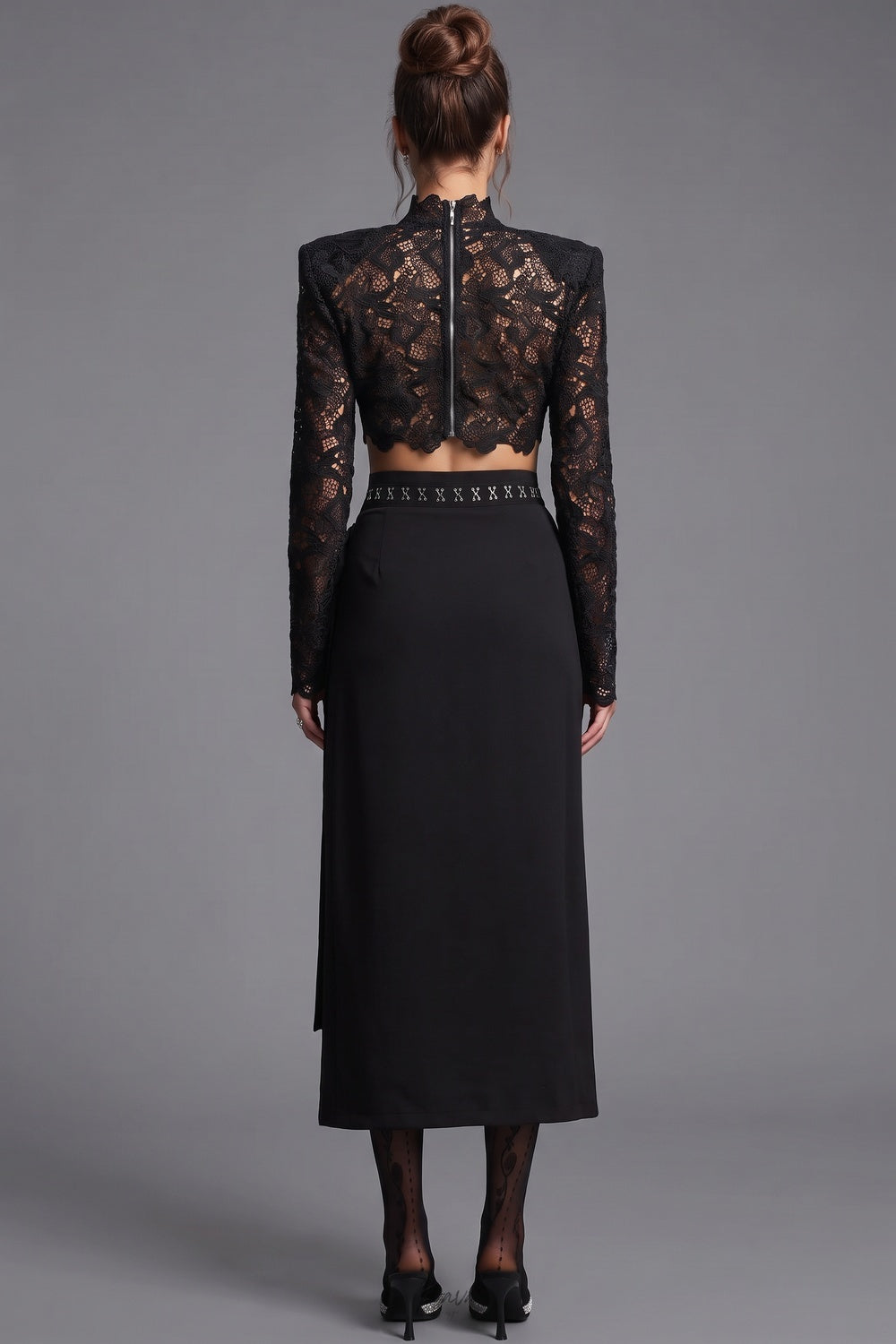 Black Floral Lace Crop Top and Wrap Midi Skirt Two-Piece Set Flowering Girl