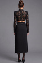 Black Floral Lace Crop Top and Wrap Midi Skirt Two-Piece Set Flowering Girl