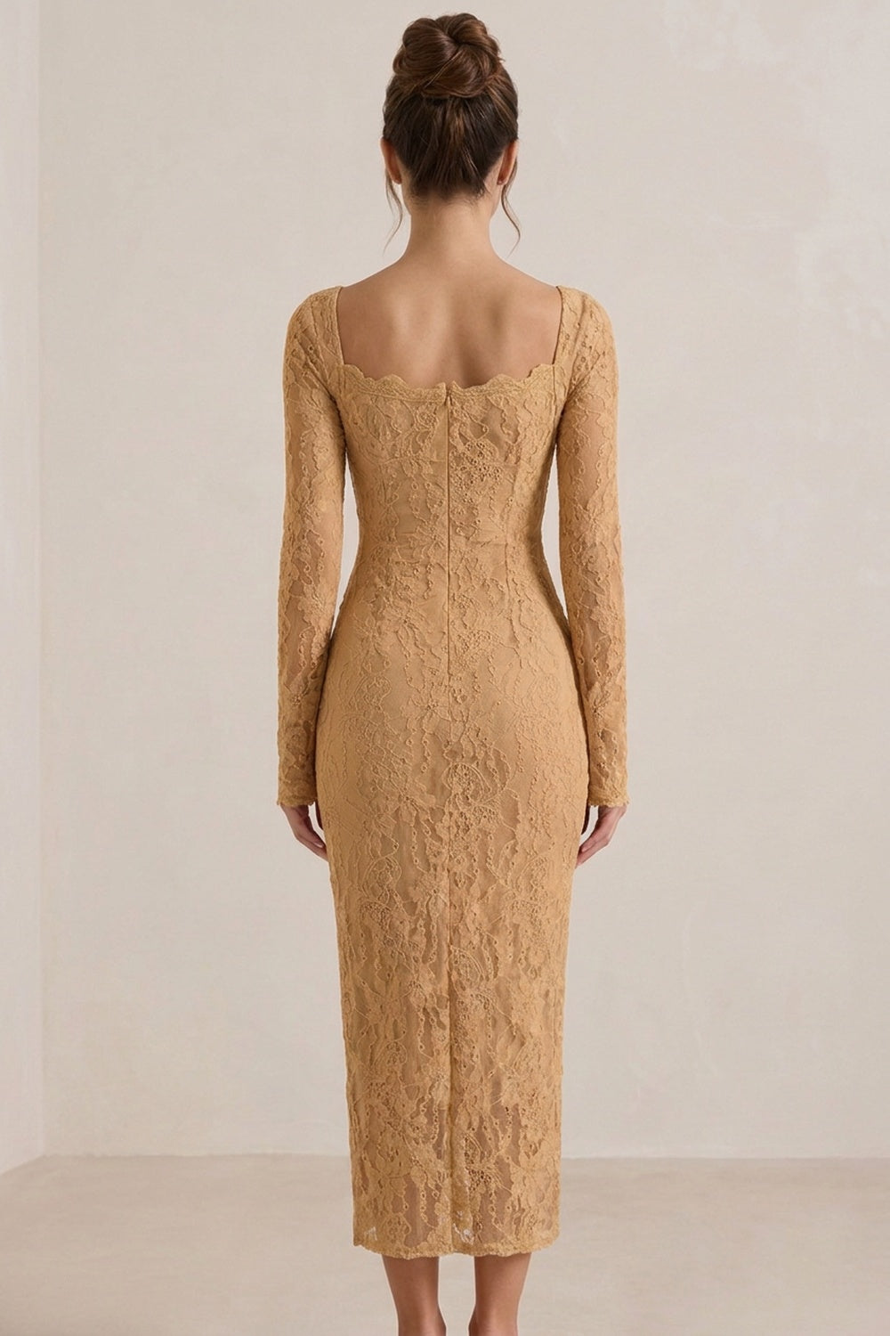 Camel Floral Lace Midi Dress, Square Neck Long Sleeve Bodycon Formal Dress Flowering Girl
