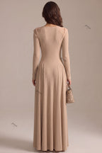 Beige Ribbed Knit A-Line Maxi Dress with Lace Applique Flowering Girl