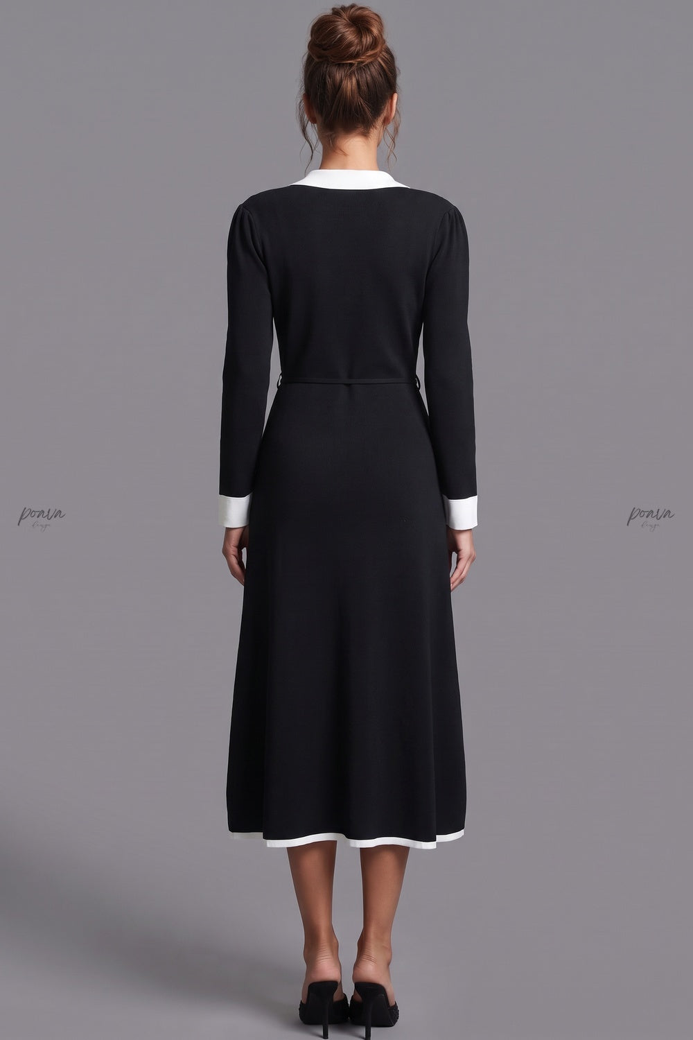 Black Fine-Gauge Ribbed Knit A-Line Midi Dress Flowering Girl