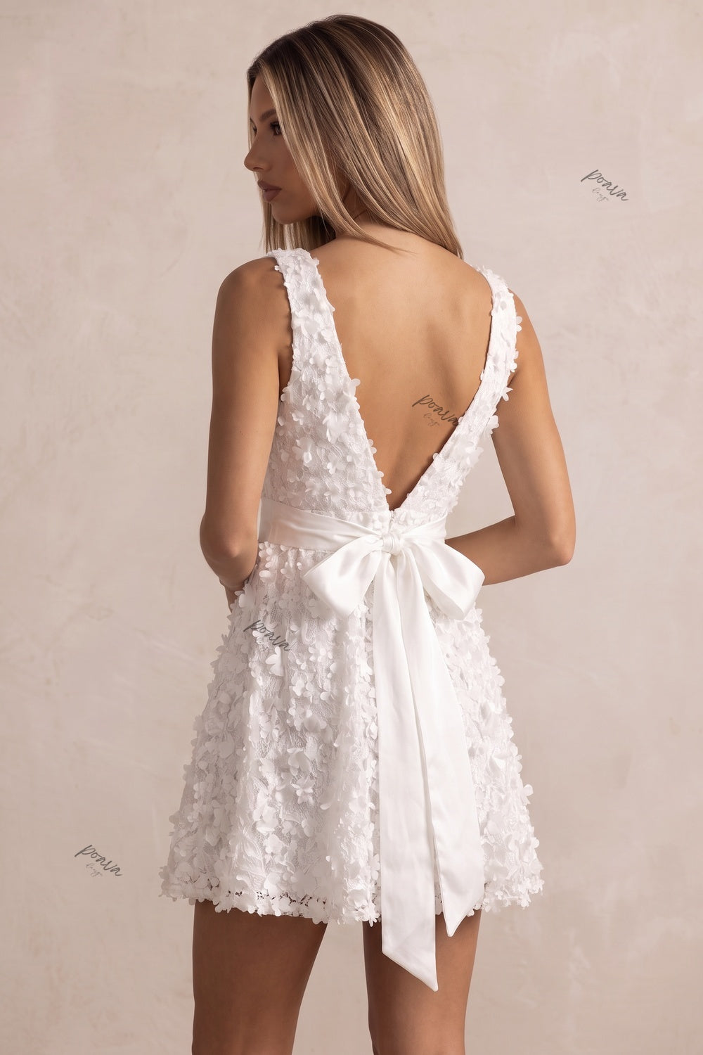 White 3D Floral Mini Fit-and-Flare Dress with Deep V-Neck Flowering Girl
