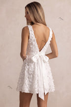 White 3D Floral Mini Fit-and-Flare Dress with Deep V-Neck Flowering Girl