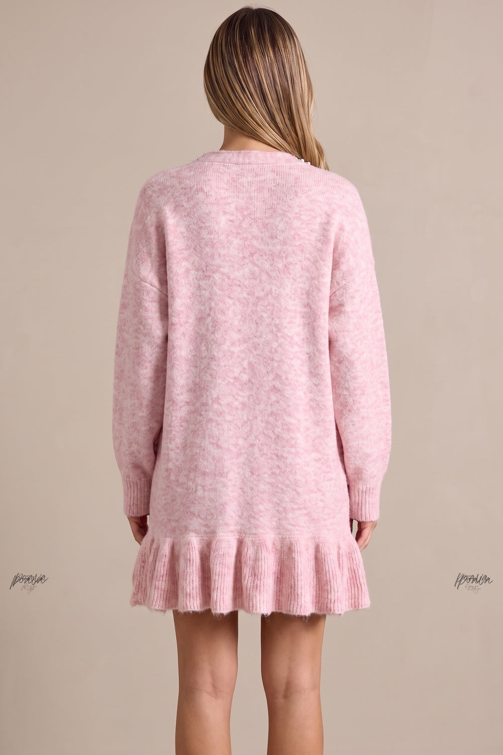 Light Pink Heathered Knit Cardigan Dress with Ruffled Hem Flowering Girl