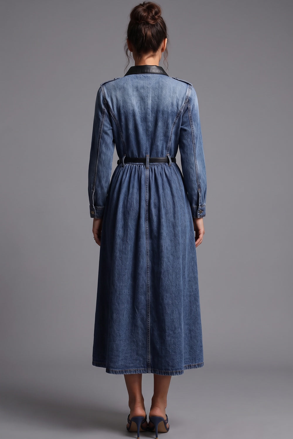Medium Blue Denim A-Line Shirt Dress with Contrast Collar Flowering Girl