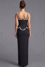 Black Heavy Crepe Column Gown with Structured Peplum and Pearl Embellishments Flowering Girl
