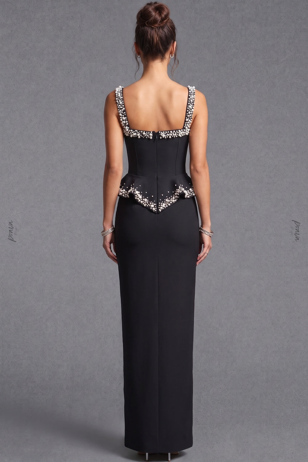 Black Heavy Crepe Column Gown with Structured Peplum and Pearl Embellishments Flowering Girl