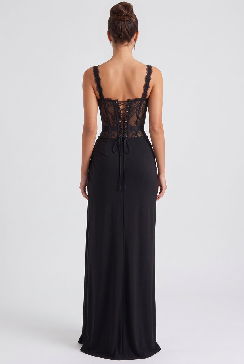 Black Lace Corset Evening Gown with High Slit Flowering Girl