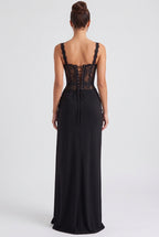 Black Lace Corset Evening Gown with High Slit Flowering Girl