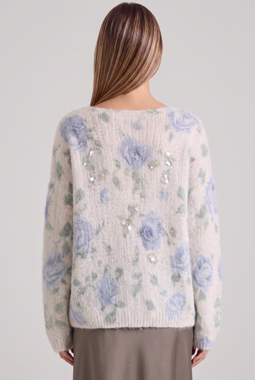 Off-White Mohair-Blend Knit Sweater with Floral Rose Pattern Flowering Girl