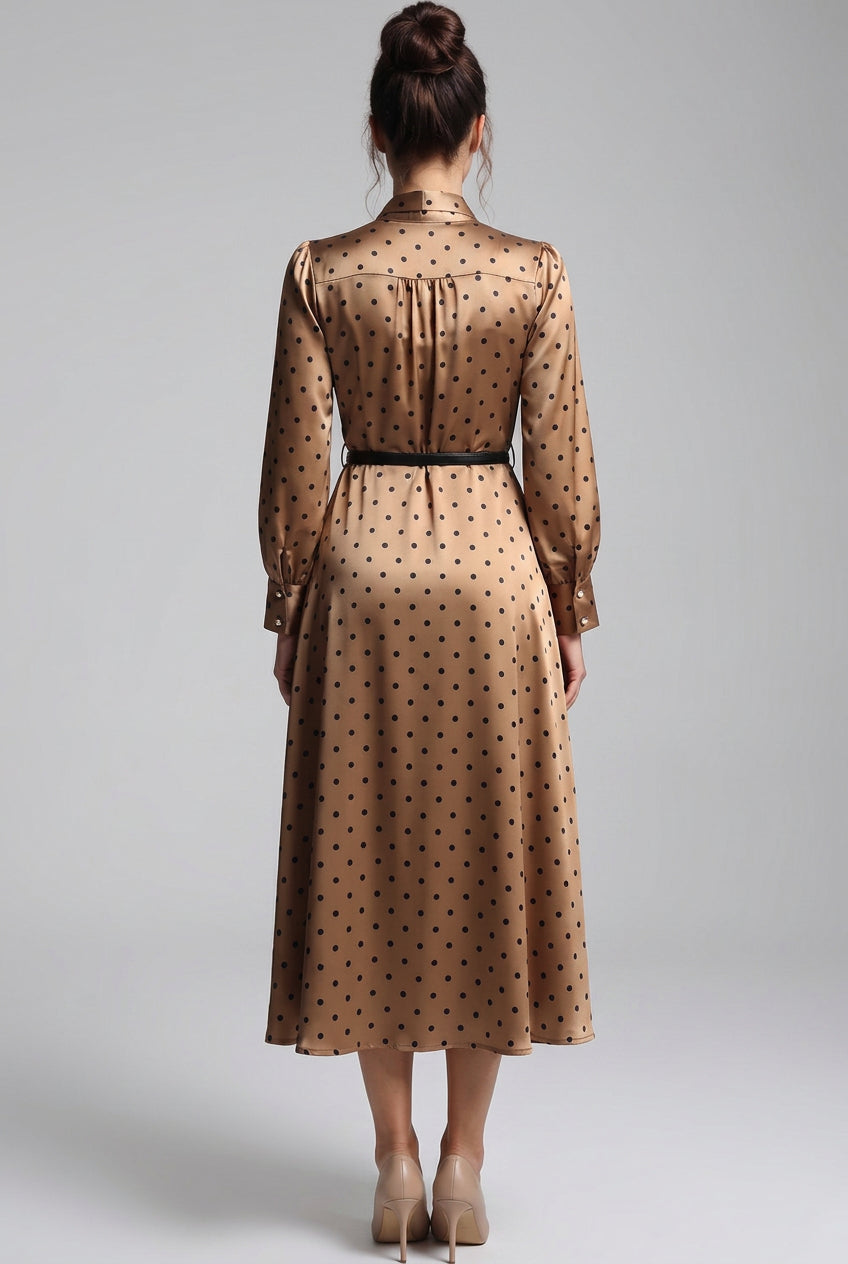 Bronze-gold Satin Polka Dot A-line Midi Dress Flowering Girl