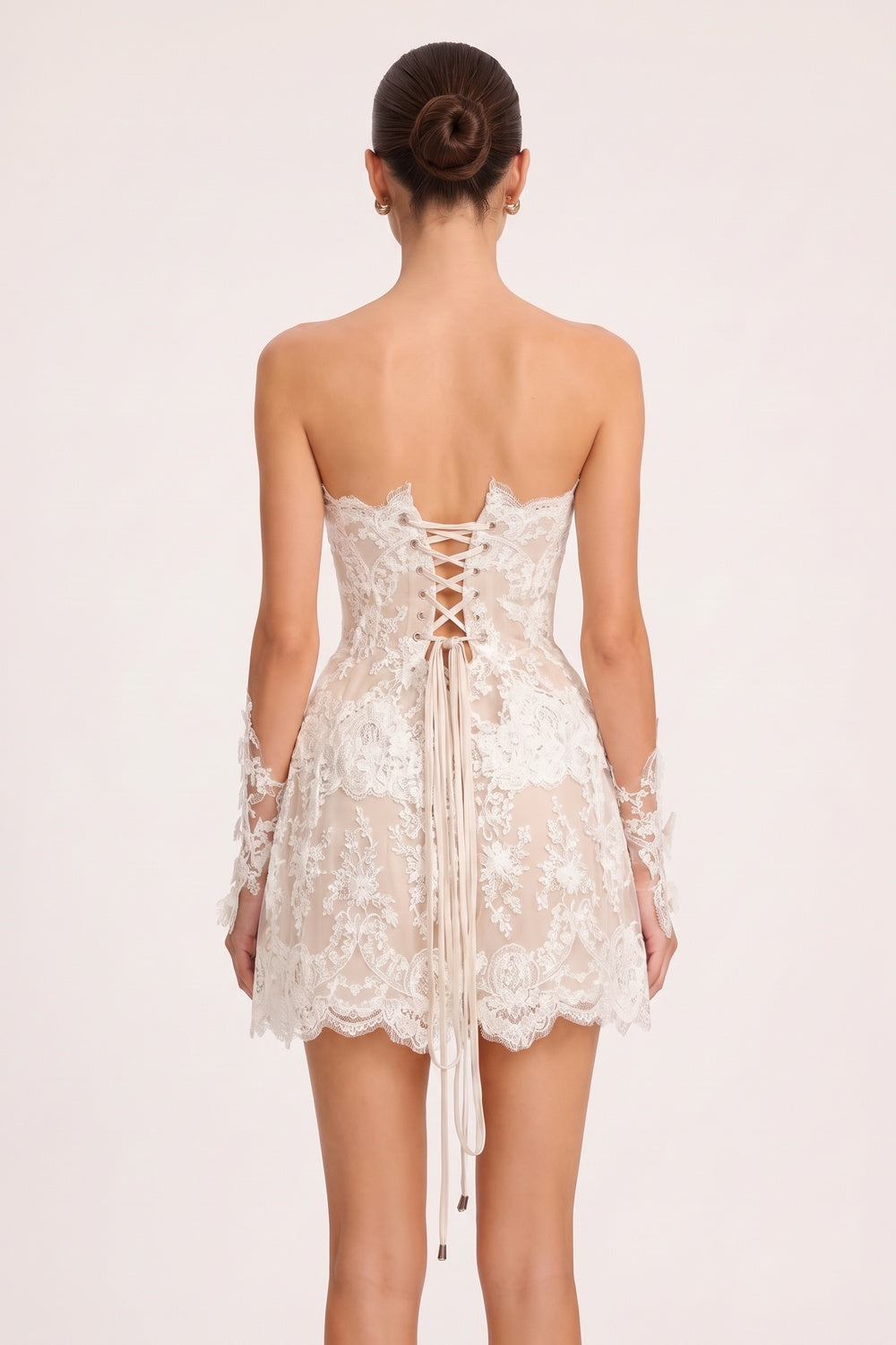 White Floral Lace Fit-and-Flare Corset Mini Dress with Detached Sleeves Flowering Girl