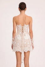White Floral Lace Fit-and-Flare Corset Mini Dress with Detached Sleeves Flowering Girl