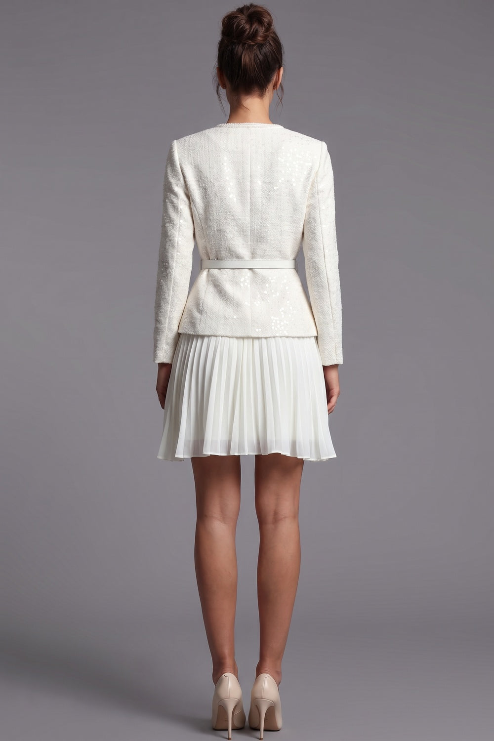 Off-White Tweed Skirt Suit Set with Peplum Jacket and Pleated Mini Skirt Flowering Girl