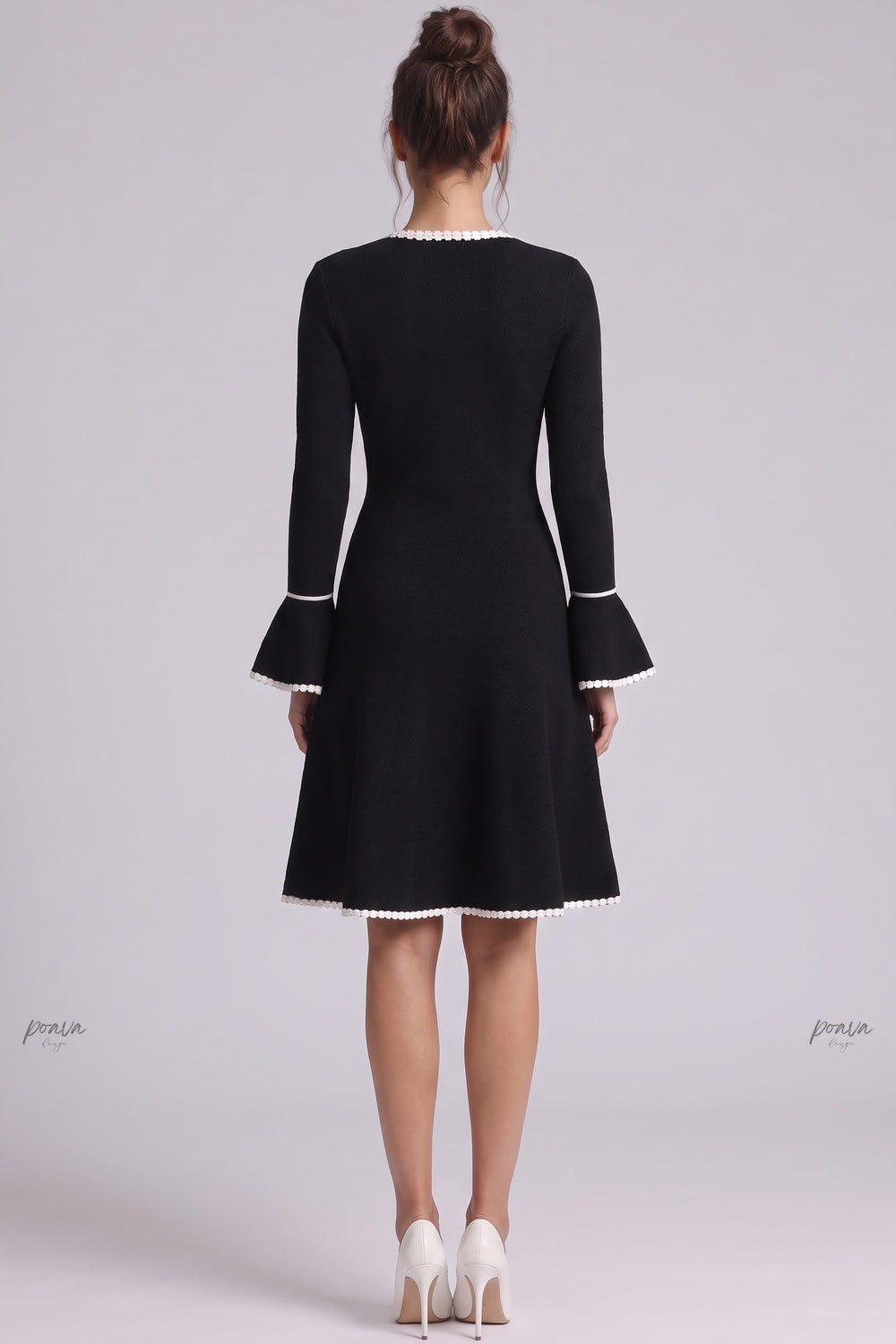 Black Heavy Compact Knit Fit-and-Flare Dress with White Scalloped Trim Flowering Girl