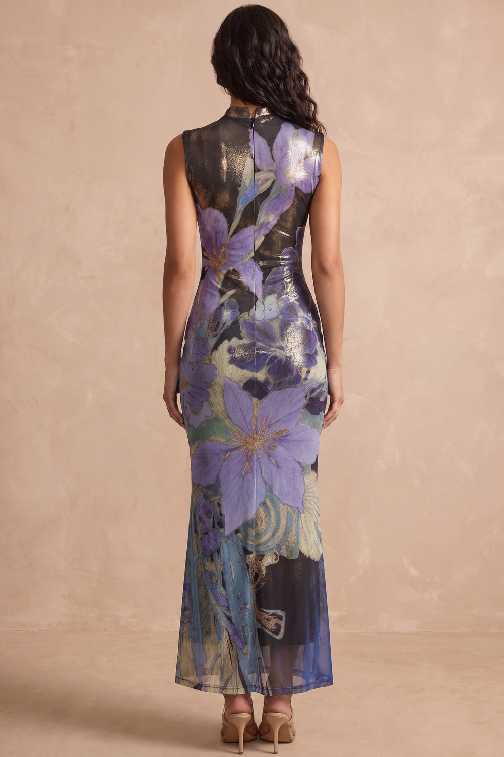 Black Printed Mesh Sheath Maxi Dress with Keyhole Neckline Flowering Girl