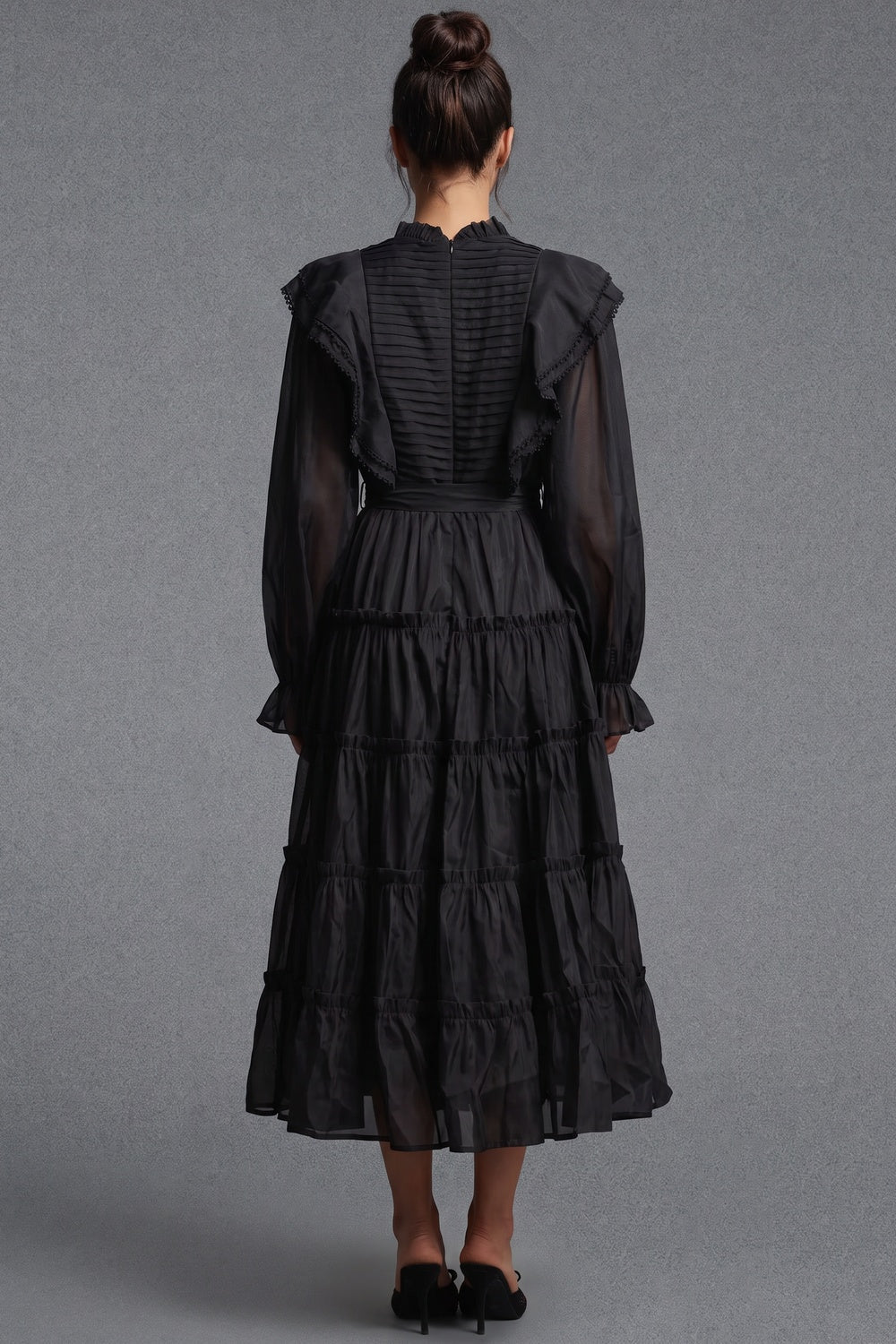 Black Tiered A-Line Midi Dress with Bishop Sleeves Flowering Girl