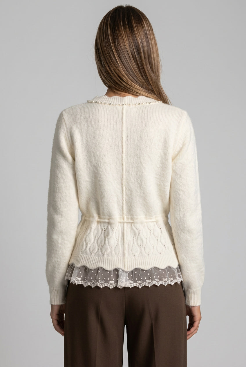 Cream Fuzzy Knit Wool Blend Peplum Cardigan with Lace Hem Flowering Girl