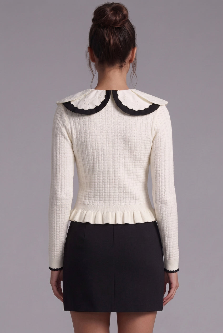 Off-White Textured Knit Fitted Peplum Cardigan Flowering Girl