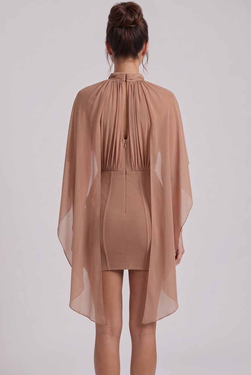 Nude Sheer Chiffon or Georgette Fitted Bodycon Under-Layer with Draped Cape Overlay Mini Dress Flowering Girl