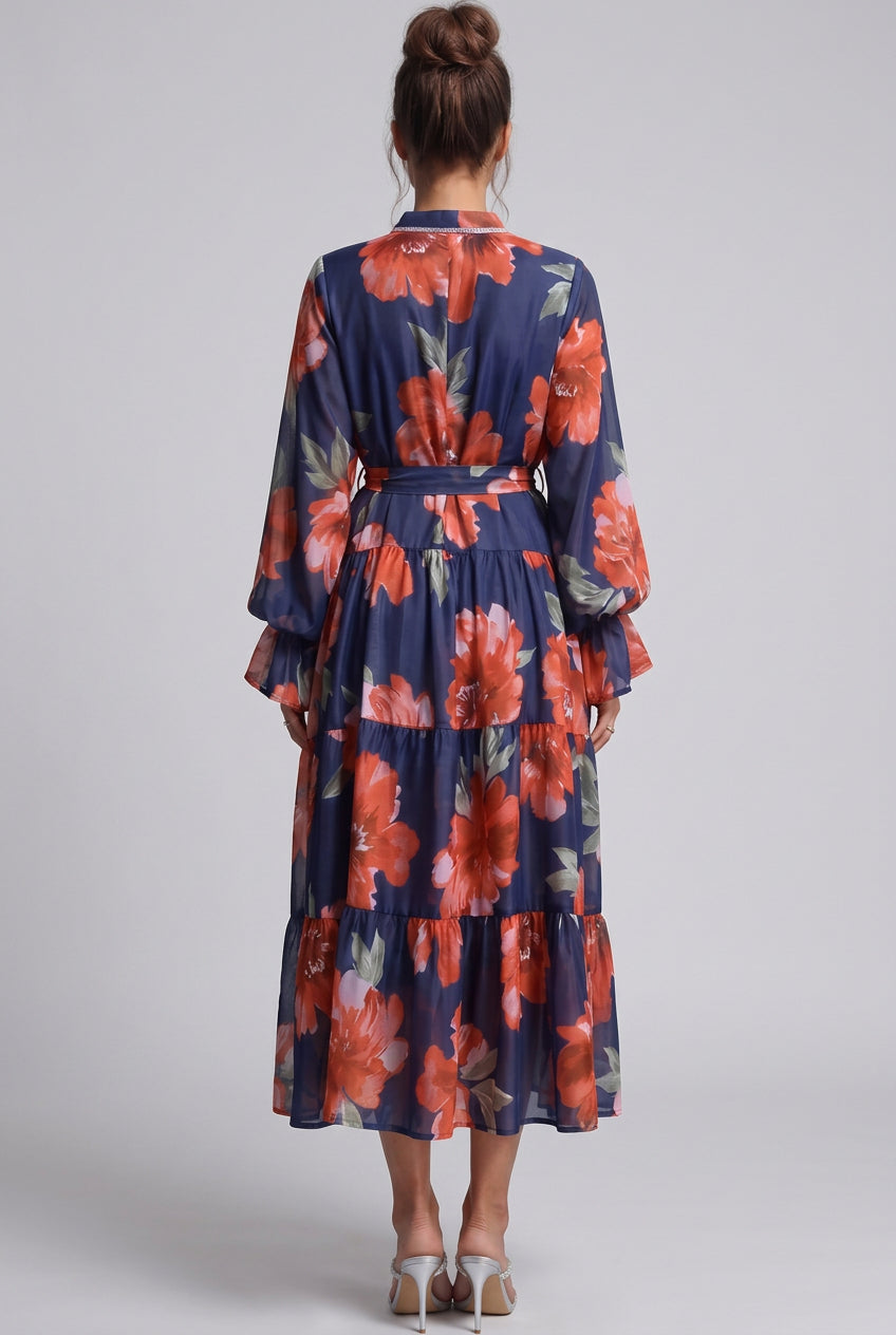 Navy Blue Tiered Chiffon Maxi Dress with Floral Print Flowering Girl