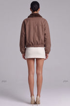 Medium Brown Boxy Bomber Jacket with Faux Fur Collar Flowering Girl
